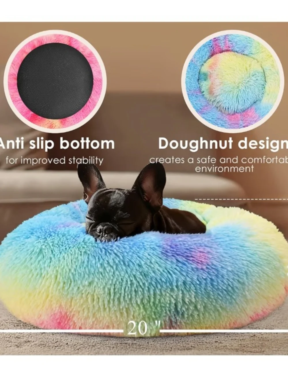 Rainbow Dog & Cat Bed 20in Calming Donut Bed for Puppy and Kitten,